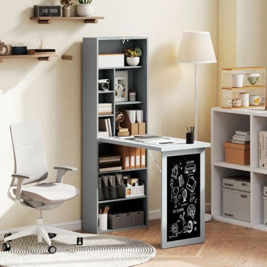 Scrivania PC Pieghvole Aosom con Libreria 9 Ripiani Grigio