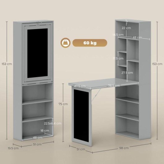 Scrivania PC Pieghvole Aosom con Libreria 9 Ripiani Grigio