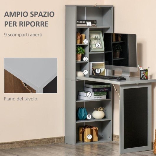 Scrivania PC Pieghvole Aosom con Libreria 9 Ripiani Grigio