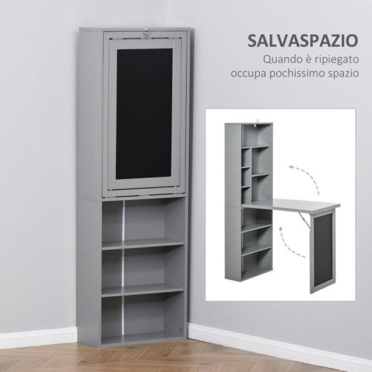 Scrivania PC Pieghvole Aosom con Libreria 9 Ripiani Grigio