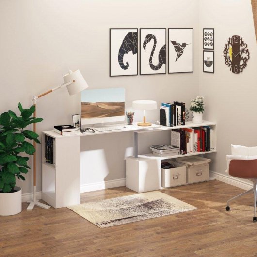 Scrivania Angolare Aosom con Libreria Bianco 140x120x78 cm