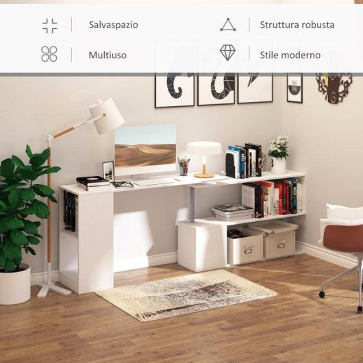 Scrivania Angolare Aosom con Libreria Bianco 140x120x78 cm