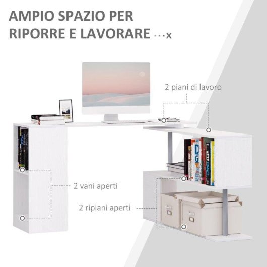 Scrivania Angolare Aosom con Libreria Bianco 140x120x78 cm
