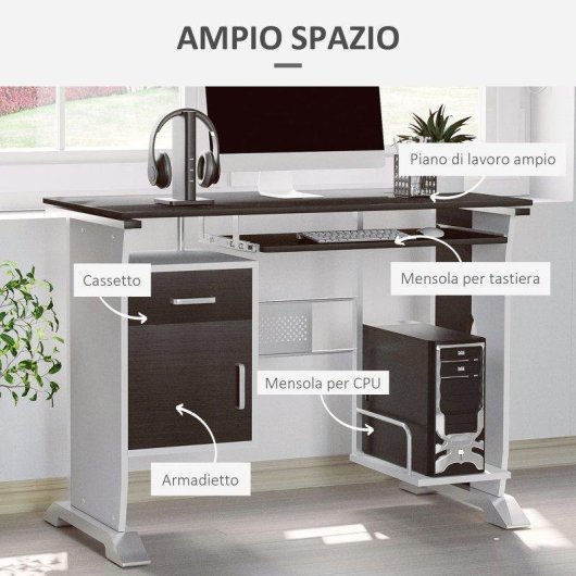 Scrivania per PC Aosom con cassetto e supporto CPU color Noce