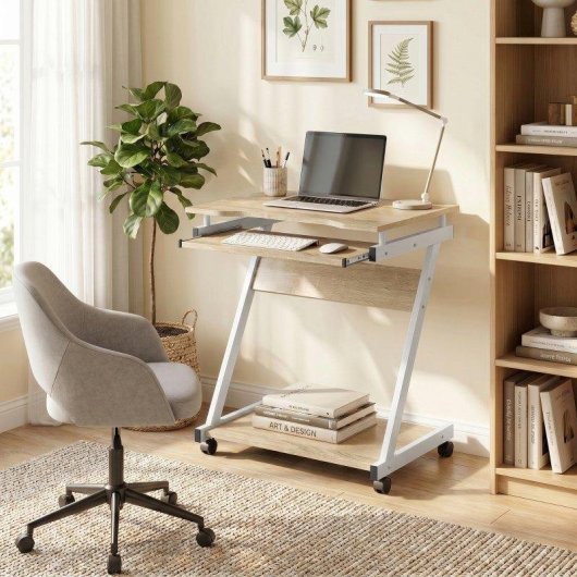 Scrivania Per Computer Aosom 4 Ruote Tastiera Scorrevole Colore Rovere