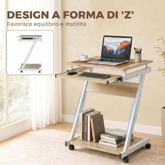 Scrivania Per Computer Aosom 4 Ruote Tastiera Scorrevole Colore Rovere