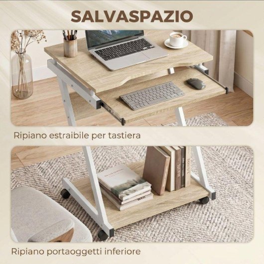 Scrivania Per Computer Aosom 4 Ruote Tastiera Scorrevole Colore Rovere