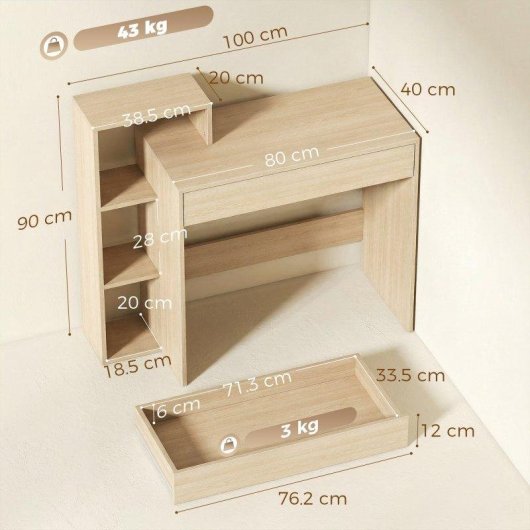 Scrivania PC Moderna Aosom 3 Ripiani Legno 100x40x90 cm