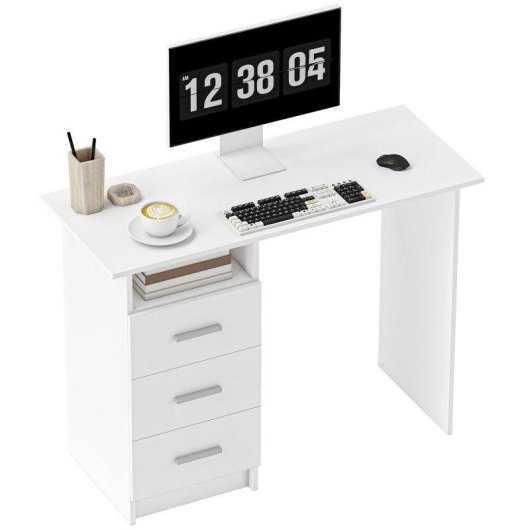 Scrivania Moderna in Legno Aosom con 3 Cassetti e Ripiano Aperto 100x40x75 cm Bianco e Marrone