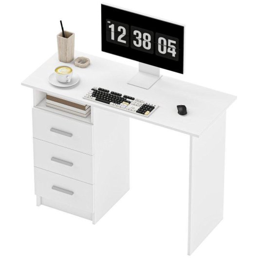 Scrivania Moderna in Legno Aosom con 3 Cassetti e Ripiano Aperto 100x40x75 cm Bianco e Marrone