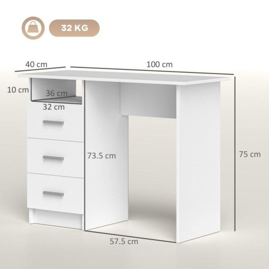 Scrivania Moderna in Legno Aosom con 3 Cassetti e Ripiano Aperto 100x40x75 cm Bianco e Marrone