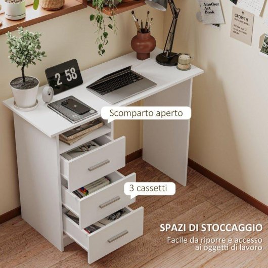 Scrivania Moderna in Legno Aosom con 3 Cassetti e Ripiano Aperto 100x40x75 cm Bianco e Marrone