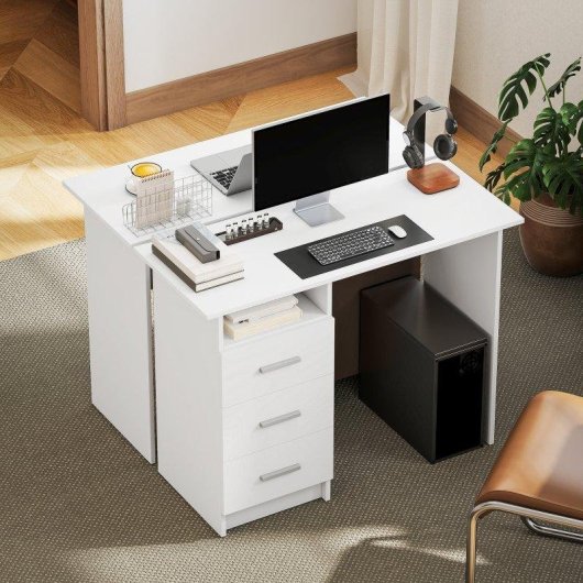 Scrivania Moderna in Legno Aosom con 3 Cassetti e Ripiano Aperto 100x40x75 cm Bianco e Marrone