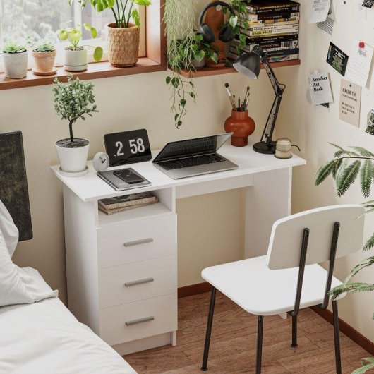 Scrivania Moderna in Legno Aosom con 3 Cassetti e Ripiano Aperto 100x40x75 cm Bianco e Marrone