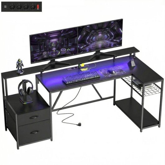 Scrivania Gaming Angolare Aosom Hub Ricarica LED Monitor Nero
