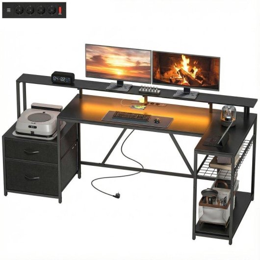 Scrivania Gaming Angolare Aosom Hub Ricarica LED Monitor Nero