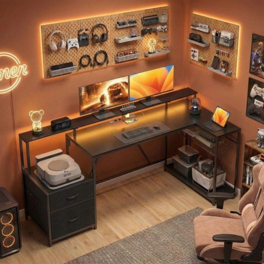 Scrivania Gaming Angolare Aosom Hub Ricarica LED Monitor Nero