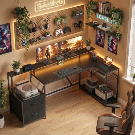 Scrivania Gaming Angolare Aosom Hub Ricarica LED Monitor Nero
