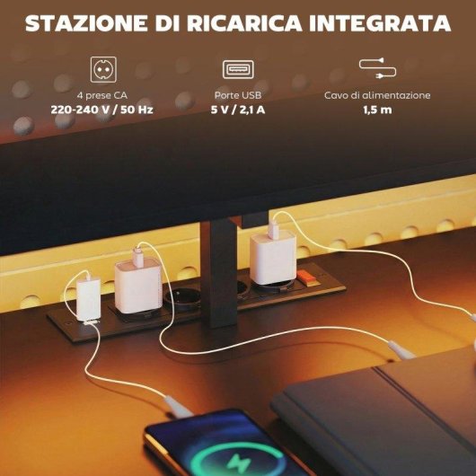 Scrivania Gaming Angolare Aosom Hub Ricarica LED Monitor Nero