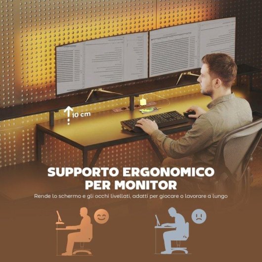 Scrivania Gaming Angolare Aosom Hub Ricarica LED Monitor Nero