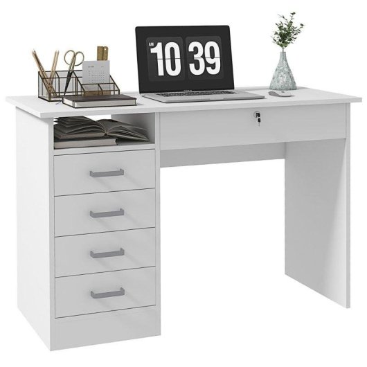 Scrivania Aosom Moderna 110x50x76cm Bianca 5 Cassetti Serratura Chiavi