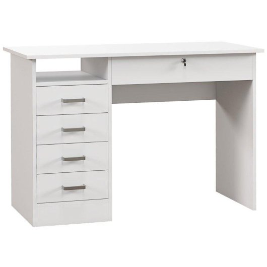 Scrivania Aosom Moderna 110x50x76cm Bianca 5 Cassetti Serratura Chiavi