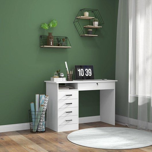 Scrivania Aosom Moderna 110x50x76cm Bianca 5 Cassetti Serratura Chiavi