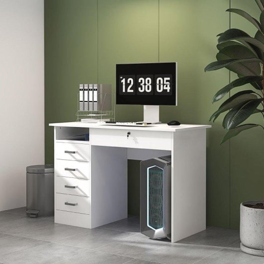 Scrivania Aosom Moderna 110x50x76cm Bianca 5 Cassetti Serratura Chiavi