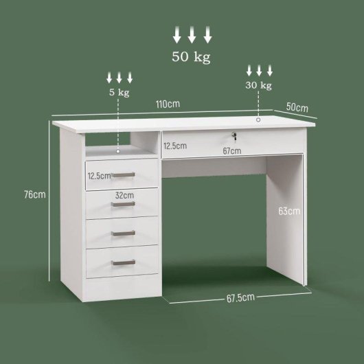 Scrivania Aosom Moderna 110x50x76cm Bianca 5 Cassetti Serratura Chiavi