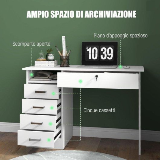 Scrivania Aosom Moderna 110x50x76cm Bianca 5 Cassetti Serratura Chiavi