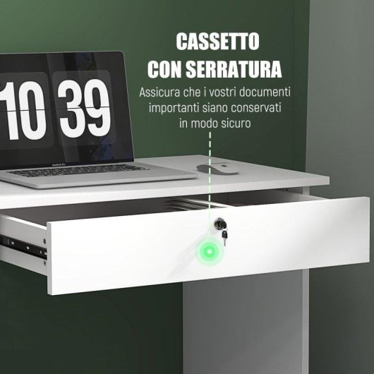 Scrivania Aosom Moderna 110x50x76cm Bianca 5 Cassetti Serratura Chiavi