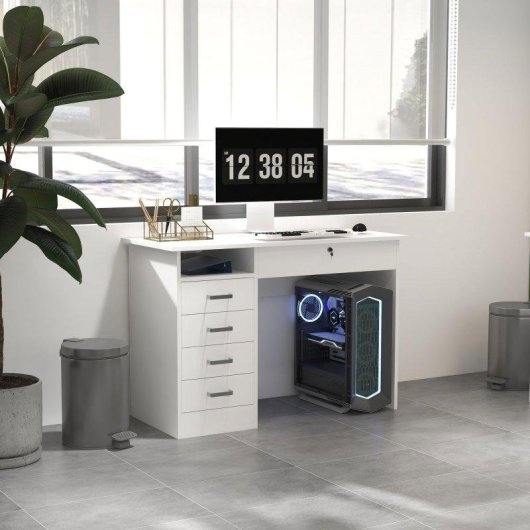 Scrivania Aosom Moderna 110x50x76cm Bianca 5 Cassetti Serratura Chiavi