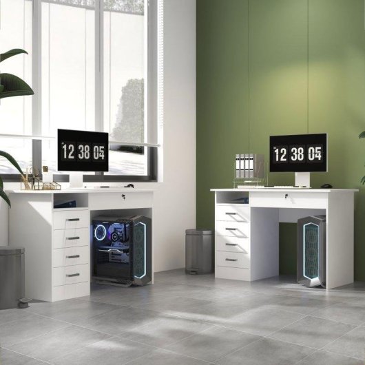 Scrivania Aosom Moderna 110x50x76cm Bianca 5 Cassetti Serratura Chiavi
