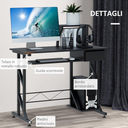 Scrivania Aosom compatta in acciaio e legno con cassetto e tastiera estraibile