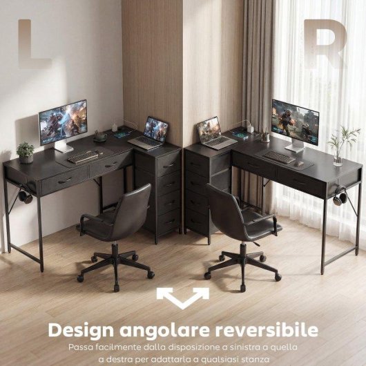 Scrivania Angolare Aosom A 6 Cassetti Gancio Laterale Prese Integrate