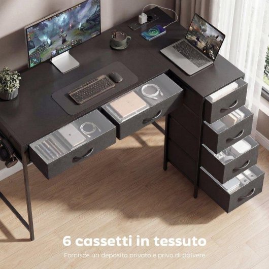 Scrivania Angolare Aosom A 6 Cassetti Gancio Laterale Prese Integrate
