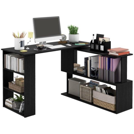 Scrivania angolare con piano girevole a 360° e 5 ripiani, 120x110x74,5 cm, Nero