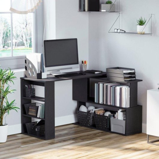 Scrivania angolare con piano girevole a 360° e 5 ripiani, 120x110x74,5 cm, Nero