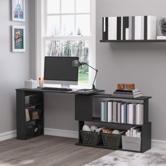 Scrivania angolare con piano girevole a 360° e 5 ripiani, 120x110x74,5 cm, Nero