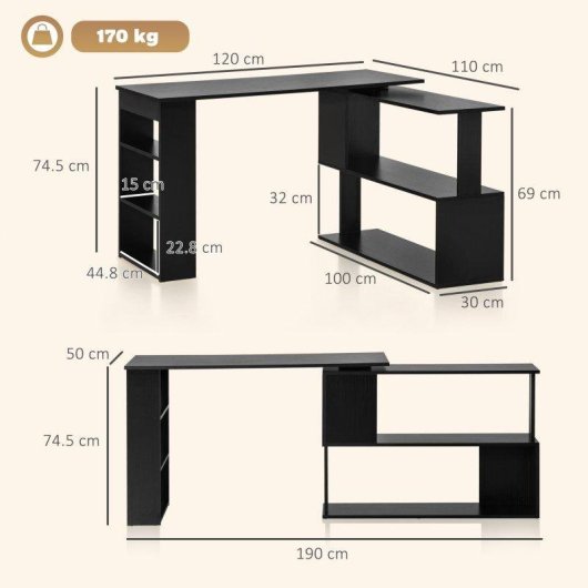 Scrivania angolare con piano girevole a 360° e 5 ripiani, 120x110x74,5 cm, Nero
