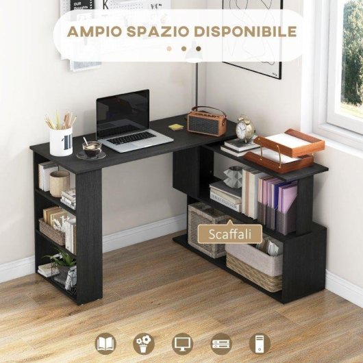Scrivania angolare con piano girevole a 360° e 5 ripiani, 120x110x74,5 cm, Nero