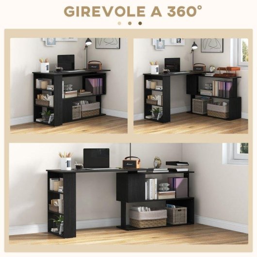 Scrivania angolare con piano girevole a 360° e 5 ripiani, 120x110x74,5 cm, Nero