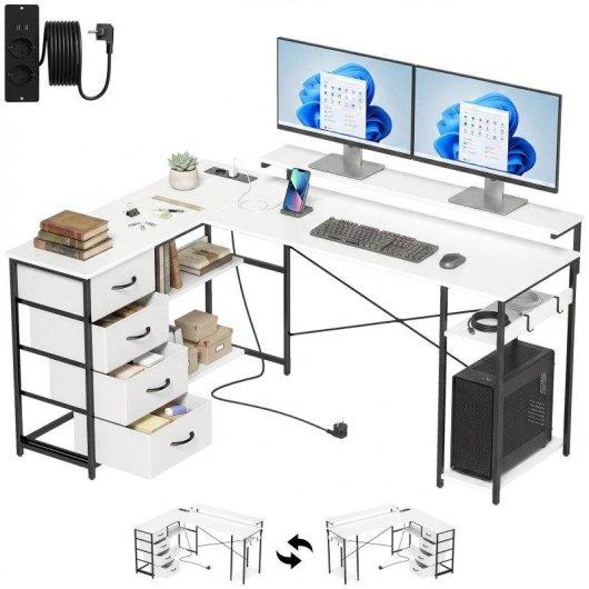 Scrivania angolare Aosom L 155 cm reversibile con 4 cassetti e prese USB