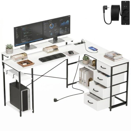 Scrivania angolare Aosom L 155 cm reversibile con 4 cassetti e prese USB