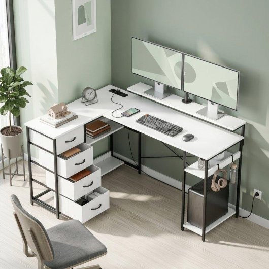 Scrivania angolare Aosom L 155 cm reversibile con 4 cassetti e prese USB