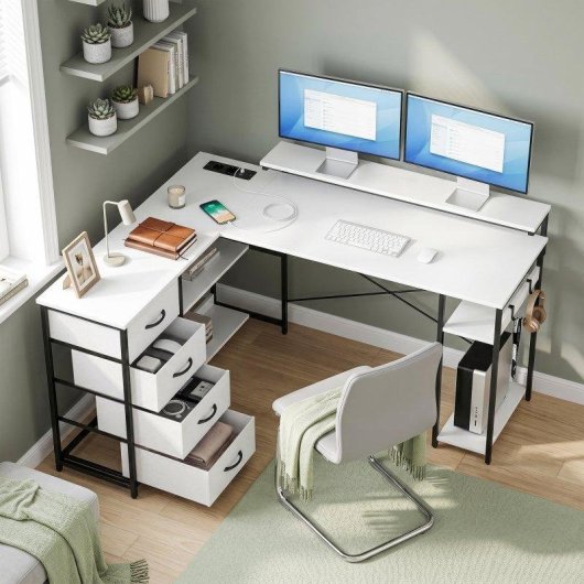 Scrivania angolare Aosom L 155 cm reversibile con 4 cassetti e prese USB