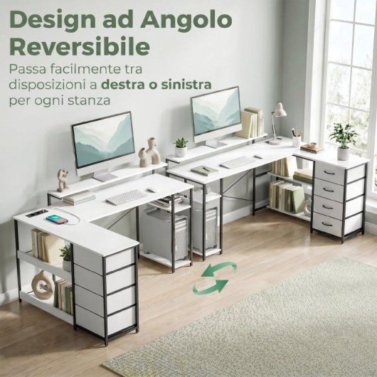 Scrivania angolare Aosom L 155 cm reversibile con 4 cassetti e prese USB