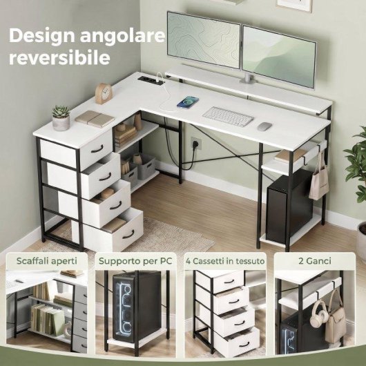 Scrivania angolare Aosom L 155 cm reversibile con 4 cassetti e prese USB