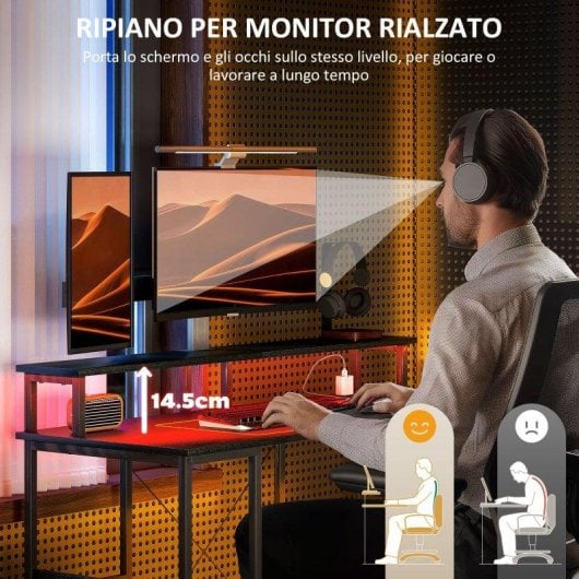 Scrivania Aosom reversibile con prese elettriche, luci LED RGB e supporto monitor