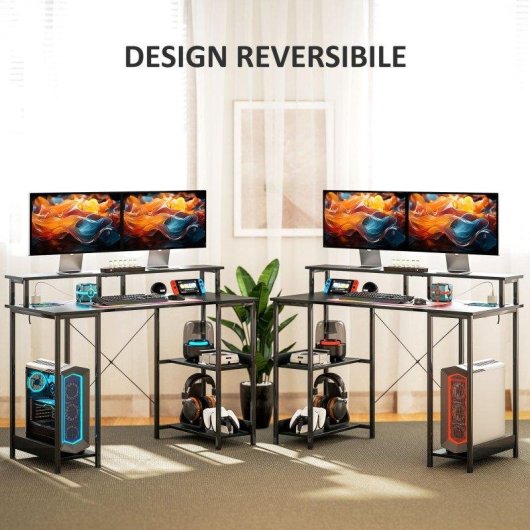 Scrivania Aosom reversibile con prese elettriche, luci LED RGB e supporto monitor